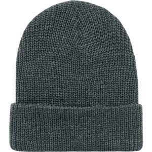 A knitted watch cap in dark grey with a folded brim, featuring a logo.