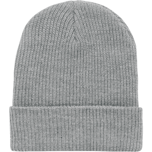 A grey knitted beanie cap with a rolled brim and a textured finish. It features a logo on the side.