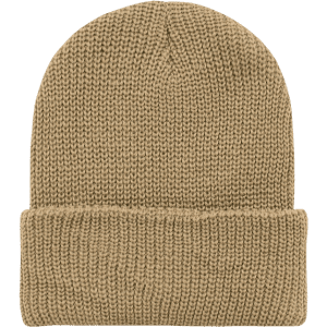 A brown knitted beanie cap featuring a folded brim. The fabric appears soft and warm, suitable for cooler weather.