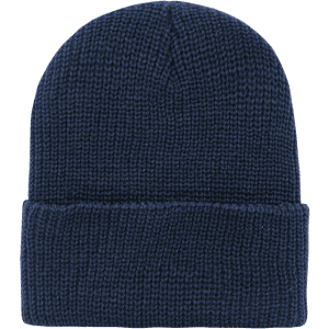 A navy blue beanie cap with a knitted texture and a folded cuff. The item features a logo.