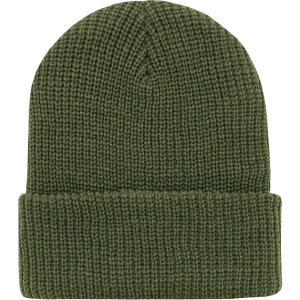 A green beanie with a ribbed texture and a folded cuff, featuring a logo on the side.