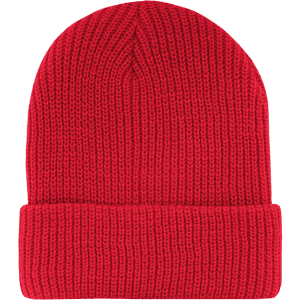 A red knit beanie with a folded cuff, featuring a simple design and a logo.