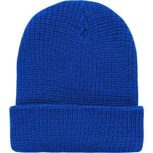 A blue knitted beanie cap featuring a folded cuff and a textured design. It has a simple aesthetic with no logos.