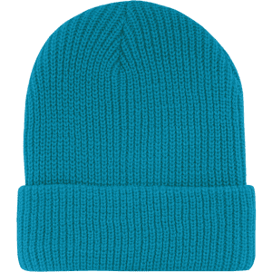 A bright turquoise beanie cap with a ribbed texture and folded brim. The image includes a branding logo.