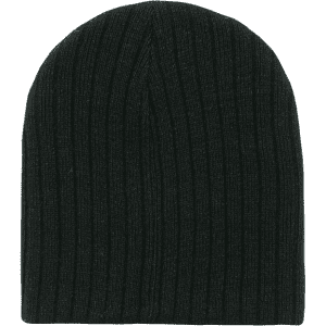 A black ribbed beanie with a soft texture, featuring a simple design. It has a logo on one side.