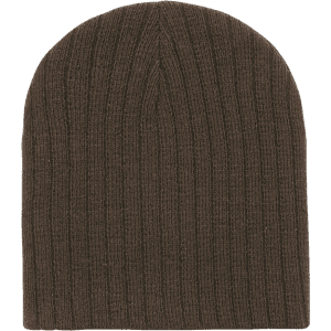 A brown ribbed beanie with a close-fitting design and a simple appearance. It features a logo.