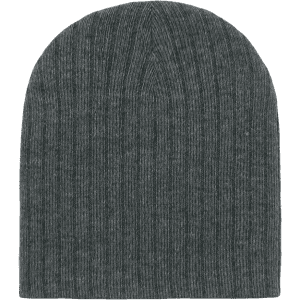 A grey knitted beanie with a ribbed texture. It has a simple, minimalist design.