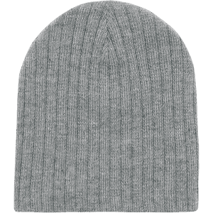 A grey ribbed beanie with a soft texture, featuring a logo on the side.