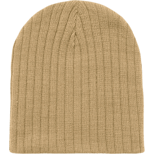 A beige cable knit beanie with a ribbed texture, featuring a simple design and no embellishments.