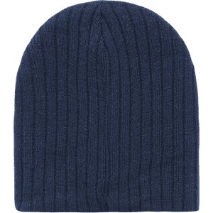 A navy ribbed beanie with a soft texture and a fitted design. It features a logo.