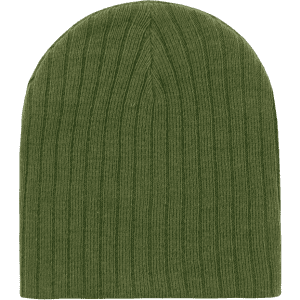 A green ribbed beanie with a rounded top, featuring a textured knit design.