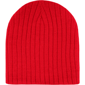 A red ribbed beanie with a knitted texture, featuring a simple design and no visible logos.