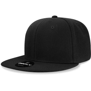 A black high-profile structured snapback hat with a flat brim and a logo on the front.