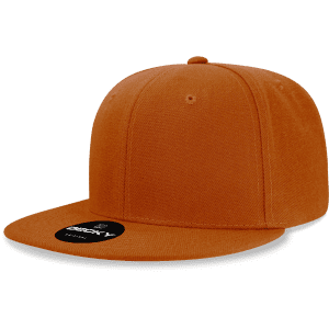 A structured snapback cap in a rich orange colour, featuring a flat brim and a logo on the front.