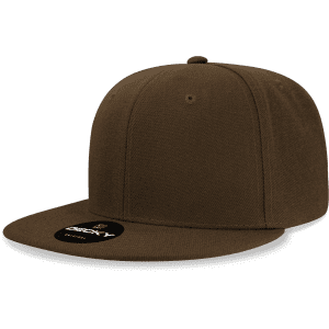 A brown 6-panel high profile cap with a flat brim and a logo on the front.