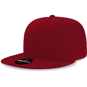 A red 6 panel high profile structured snapback cap with a flat brim and a branding logo on the front.