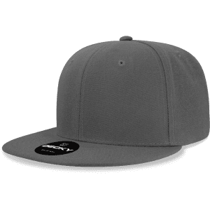 A grey 6-panel high profile structured snapback cap with a flat brim and a logo on the front.