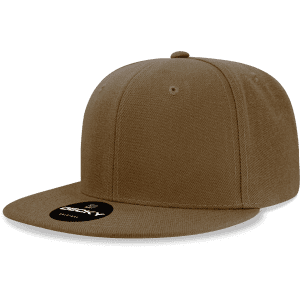 A high-profile structured snapback cap in brown, featuring a flat brim and a logo on the front.