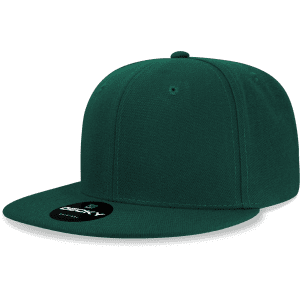 A dark green 6 panel high profile structured snapback cap with a brim and a logo on the front.