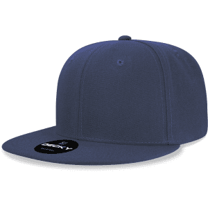 A high-profile structured snapback cap in navy blue with a visible logo on the front.