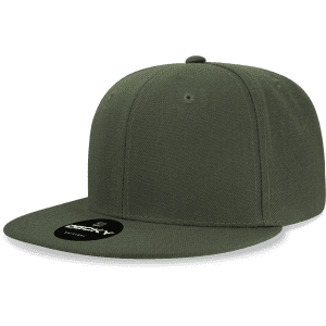 A high-profile structured snapback cap in dark green, featuring a branded logo on the front.