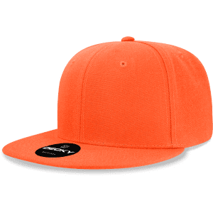 An orange 6 panel high profile structured snapback cap with a branded tag on the front.