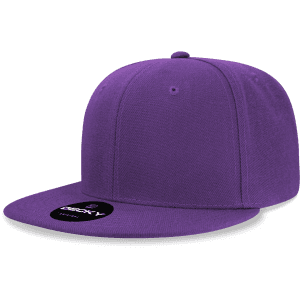 A purple 6 panel high profile structured snapback cap with a logo on the front.