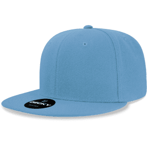 A high-profile structured snapback cap in light blue with a logo on the front.