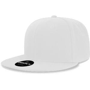 A white 6 panel high profile structured snapback cap featuring a black logo on the front.