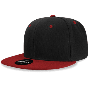 A black and red 6 panel high profile structured snapback cap with a branded logo on the front.