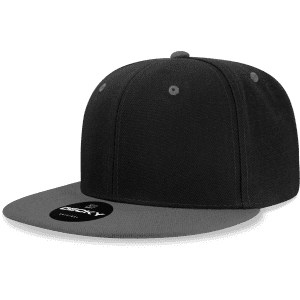 A black high-profile structured snapback cap with a grey brim and a logo on the front.