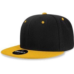 A black and yellow 6-panel high-profile structured snapback cap with a branded logo on the front.