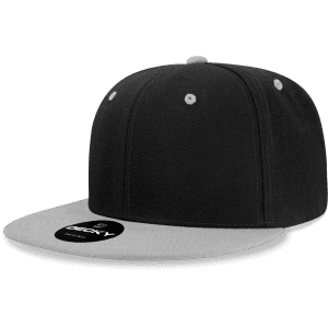 A black and grey 6-panel high profile structured snapback cap with a logo.