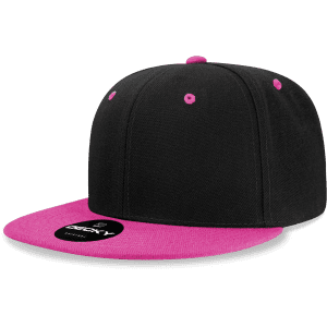 A black snapback cap with a pink visor and button, featuring a logo on the front.