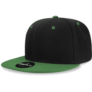 A black snapback cap with a green brim and an embroidered logo. The cap features a structured, high-profile design.