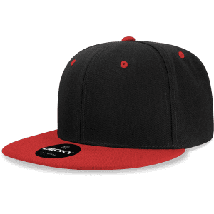 A black and red 6-panel high-profile structured snapback cap with a branded patch on the front.