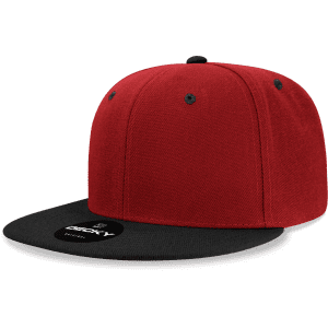 A red and black 6 Panel High Profile Structured Snapback cap featuring a logo on the front.