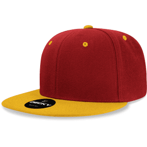 A red and yellow 6 panel high profile structured snapback cap with a branded tag.