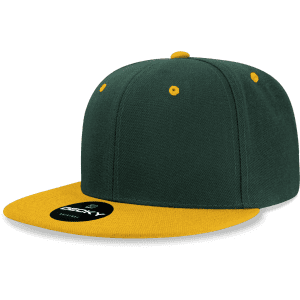 A green and yellow 6-panel high profile structured snapback cap with a logo on the front.