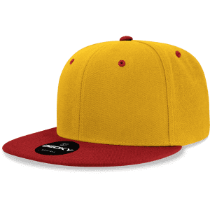 A six-panel high profile structured snapback in bright yellow with a red flat brim and logo on the front.