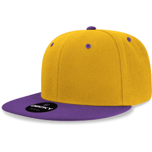 A high profile structured snapback cap featuring a yellow crown and a purple brim, with a brand logo on the front.