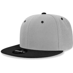 A grey and black 6 panel high profile structured snapback cap with a flat peak and a logo.