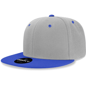 A high-profile structured snapback cap featuring a grey body and a blue brim, with a logo on the front.