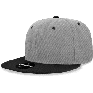 A grey and black 6 panel high profile structured snapback cap with a branded logo on the front.