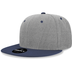 A grey and navy 6 panel high profile structured snapback cap with a logo on the front.