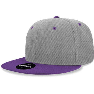 A grey snapback cap with a purple brim and an adjustable strap, featuring a branded logo.