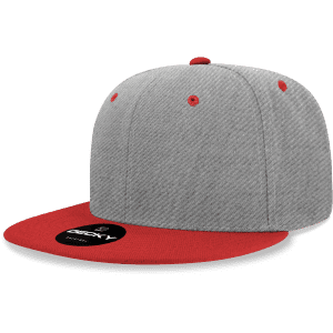 A grey snapback cap with a red brim and buttons, featuring a logo on the front.