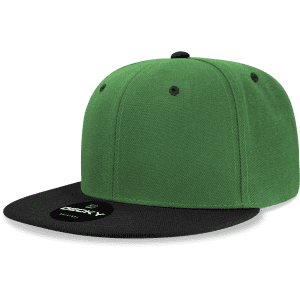 A green and black 6-panel high-profile structured snapback cap featuring a logo on the front.