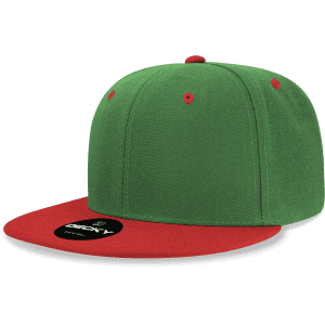 A green and red 6 panel high profile structured snapback cap with a logo on the front.