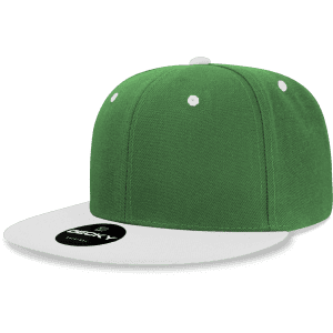 A green high-profile structured snapback cap with a white brim and a logo.